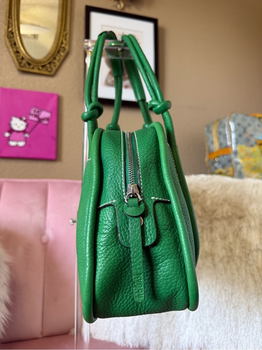 HOGAN Kelly Green Leather Dome Satchel Bag w Knots &Loop Details Silver Hardware - Picture 5 of 16